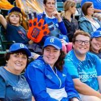 Group photo of 5 in GVSU clothes in the stands of Comerica Park